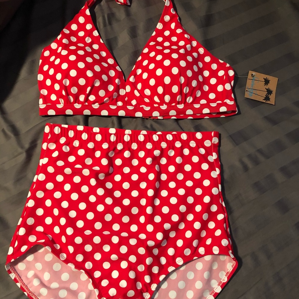 High waisted red polka dot bikini